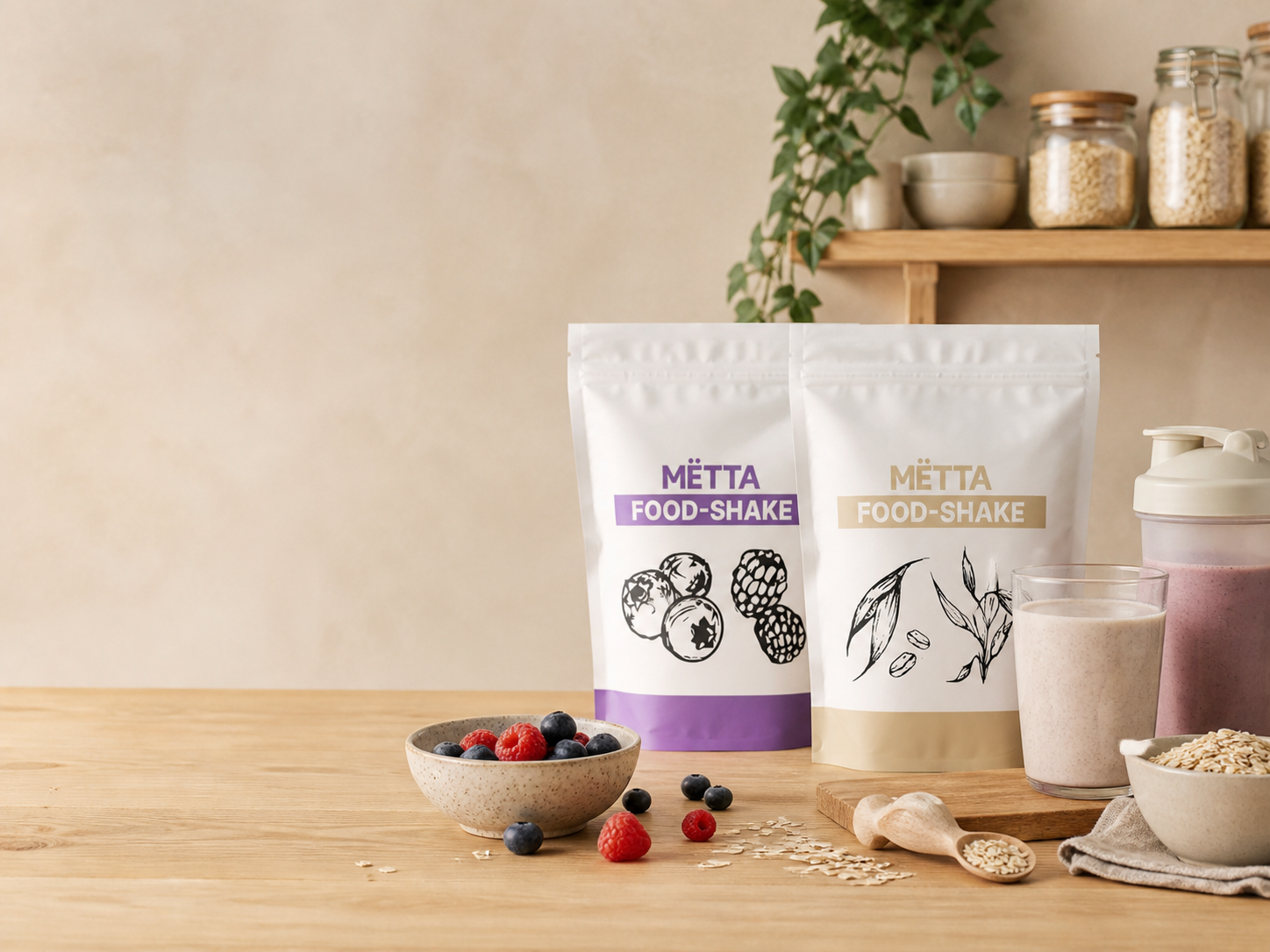 MËTTA food shakes, bär, havre och shaker på en varm ljus skafferibänk